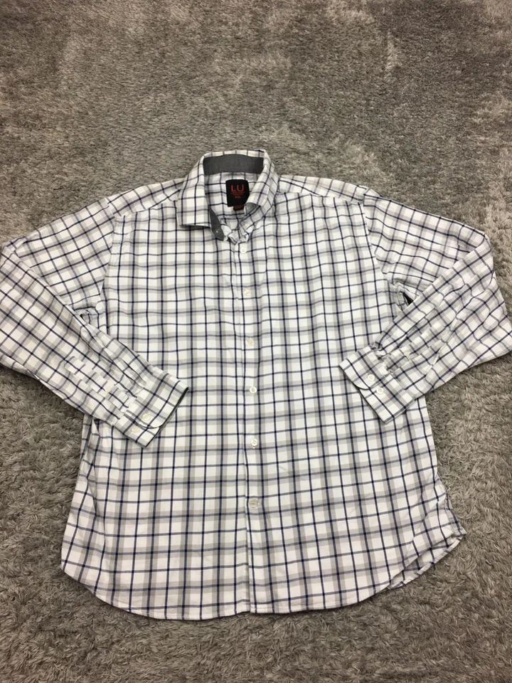 Linea Uomo Button Up Shirt Men Size XXL 2XL White Blue Plaid Long Sleeve Stretch - Image 1 of 4