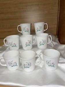 Vintage Corning USA Rosemarie Pink Tulip Floral Coffee Mugs Lot Of 8 MINT COND. - Picture 1 of 6