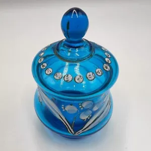 Vintage Antique Bohemian Glass Blue Art Trinket Ring Pill Jar Box Maltsev Enamel - Picture 1 of 13