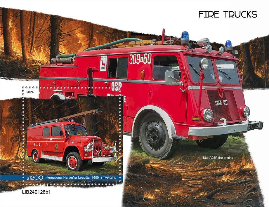 消防车消防车全新邮票 2024 利比里亚 S/S — 第 1/1 张图片