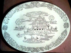 Vintage Amish Platter Bucks County Pennsylvania Barn Raising Plate 1950s 10x13" - Picture 1 of 9