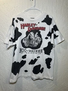 Vintage Harley Davidson Moo-Waukee All Over Cow Print T-Shirt Size Large - Picture 1 of 20