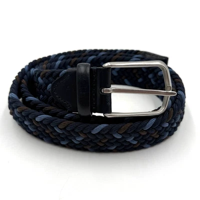 Cinturón tejido elástico J&M azul marrón talla 36 plata hebilla ajustable 1,25" ancho Foto 1 de 4