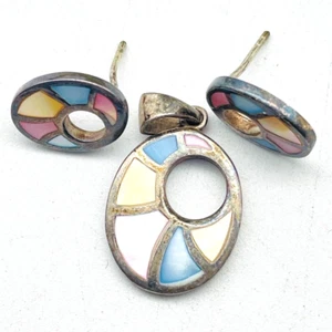 Vintage Enamel Jewelry Set Earrings Pendant Necklace Oval Modernist Abstract - Picture 1 of 10