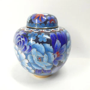 Vaso urna vaso zenzero cloisonne smaltato floreale blu con coperchio vintage alto 5" - Foto 1 di 11