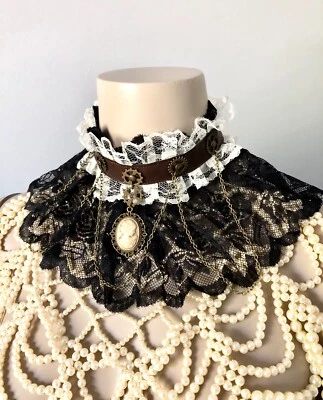 Collar de encaje Steam Punk estrangulador camafeo colgante engranajes cadena marrón imitación negro marfil Foto 1 de 4