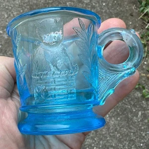 Vintage EAPG Clear Glass Children’s Mug Featuring Embossed Bear In Drum / Basket - Picture 1 of 6
