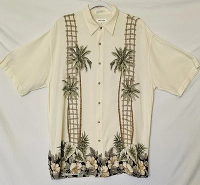 Mens Ivory Color Pierre Cardin  Rayon Button Up Size L Hawaiian Tropical Theme - Image 1 of 4
