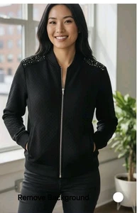 Women's CHICO'S Collection Sz 2 Solid Black Zip Front Quilted Jacket - Picture 1 of 2