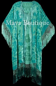 Maya Matazaro Tiffany Mint Fringe Jacket Kimono Duster Silk Burnout Velvet Plus - Picture 1 of 3