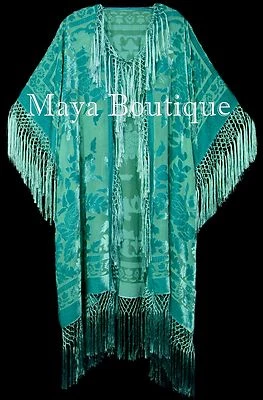 Maya Matazaro Tiffany Mint Fringe Jacket Kimono Duster Silk Burnout Velvet Plus - Image 1 of 3