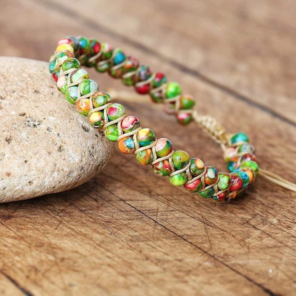 Pulsera Ajustable Natural Piedra Jaspe Africano 4MM Doble Cuentas Multicolor Foto 1 de 1