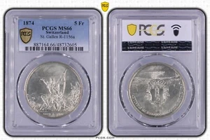Coin Switzerland 5 Francs 1874 Saint Gallen Schützentaler PCGS MS66 nswleipzig - Picture 1 of 2