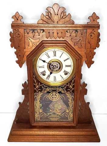 Antique E. Ingraham Gingerbread Mantel Clock Saturn Model Mahogany Victorian Cover