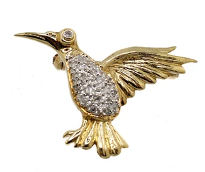 Vintage 10k Gold Natural Diamond Decorated Hummingbird Brooch - Picture 1 of 8