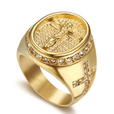 Men's Gold Plated Jesus Cross CZ Ring Stainless Steel Vintage Biker Amulet Ring