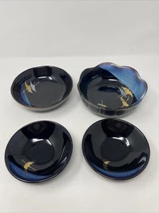 (4) North American Trading Co Japan Keramik blau beige schwarz glasiert Schalen Kraniche - Bild 1 von 16