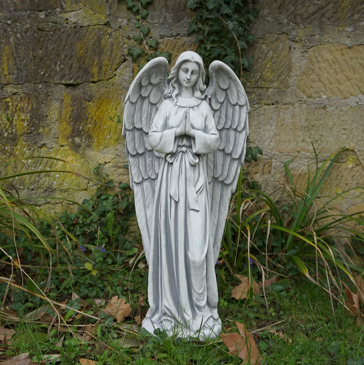 Engel-Steinfigur, 68 Cm Hoch, 22 Kg: Frostsichere Gartenfigur Aus Steinguss In Grau Für Den Außenbereich