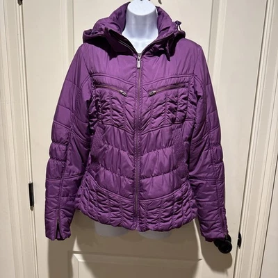 Abrigo prana para mujer cremallera completa púrpura con capucha grande Foto 1 de 4