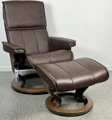 Ekornes Stressless Medium Chocolate Brown Leather Swivel Recliner Chair Ottoman - Image 1 of 4