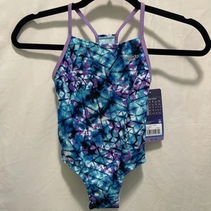 Speedo Girls Thin Strap One Piece Swimsuit (Regular, Deep Aqua/Purple) Size 5/6 - Picture 1 of 7