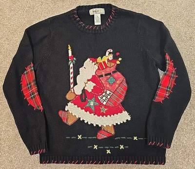 Suéter de Navidad KIKIT De Colección Negro Ramie Algodón Papá Noel Apliques Para Mujer Mediano Foto 1 de 4