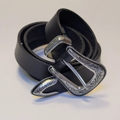 Wmn's Black Leather Western Belt Adjustable Silver Buckle Unbranded Wmn's XL - Image 1 of 4