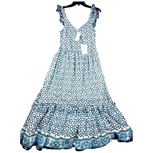 Lucky Brand Dress Womens Small Blue White Boho Floral Maxi Ruffle Smocked Tiered - Picture 1 of 11
