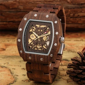 Luxury Men's Wooden Wristwatch Rectangle Shape  Auto Mechanical Adjustable Band - Picture 1 of 7