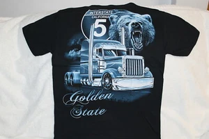 SEMI TRUCK TRUCKER BEAR CALIFORNIA GOLDEN STATE INTERSTATE 5 HIGHWAY T-SHIRT - Picture 1 of 4