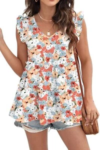Summer Sleeveless Peplum Tops for Women V Neck Babydoll Pleated Tank Tops Ora... - Picture 1 of 6
