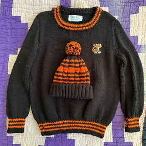 Vintage Hand Knit Made PRINCETON Sweater with Pom Pom Beanie Hat Name on Back - Picture 1 of 5