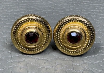 Round Dimpled Red Stone Gold Tone Cuff Links - Image 1 of 3