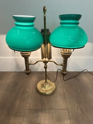Antique Brass Double Arm Student Lamp W/ Green Shades - Oil Now Electric 1800s - Image 1 of 4