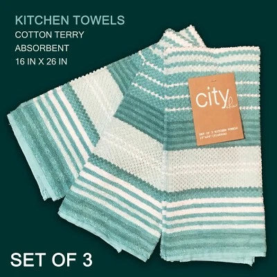 PACK de 3 nuevas toallas de cocina City Chic algodón rizo turquesa multi rayas 16"x26" Foto 1 de 4