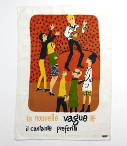 Vintage MCM ZUCCHI MILANO Linen Tea Towel Mod Girl Guy Guitar FRENCH NEW WAVE - Picture 1 of 7