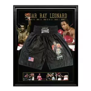SUGAR RAY LEONARD HAND SIGNED FRAMED BOXING TRUNKS ALI TYSON FRAZIER MAYWEATHER - Bild 1 von 1