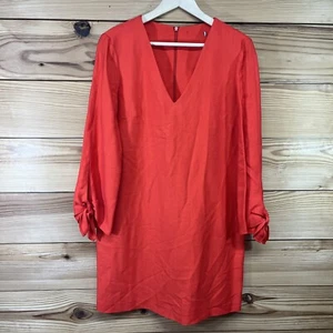 Tara Jarmon Dress 10 Orange Red V-Neck Shift Sheath Tie Sleeves Rayon B60 - Picture 1 of 15