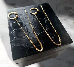 Threader, Tic-tac Cuff Dangle Earrings, 18K Real Solid Gold - Picture 1 of 6