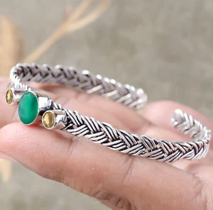 Green Onyx And Citrine Cut Gemstone 925 Sterling Silver Cuff Fashionable Bangle - Picture 1 of 7
