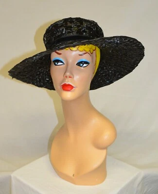Union Made Vintage 1960s Black Basket Weave Straw Wide Brimmed Hat  - Image 1 of 2