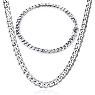 5mm Stainless Steel Bracelet & Necklace Jewelry Set Cuban Curb Chain - Image 1 of 4