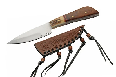 Hunting Knife Stainless Steel Drop Point Blade Bone Wood Handle + Leather Sheath - Image 1 of 4