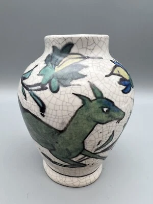 Jarrón de cerámica Pottery Barn Iznik Crackleware 5" ciervo ciervo pájaros flor craquelado Foto 1 de 4