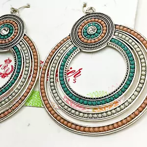 Premier Designs SORBET Earrings NEW Large Round Dangle Boho Silver Aqua Coral - Picture 1 of 5