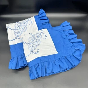Vintage Pillow Shams Blue White Embroidered Ruffles Set Of 2 Handmade Floral 80s - Picture 1 of 8