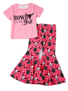New Girls Pants Set Bell Bottom Size 6 Short Sleeve Pink Western Howdy - Picture 1 of 2