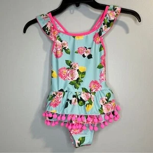 Betsey Johnson Aqua Floral Logo Pom-Pom Skirted One-Piece - Girls Sz 6 - Picture 1 of 4