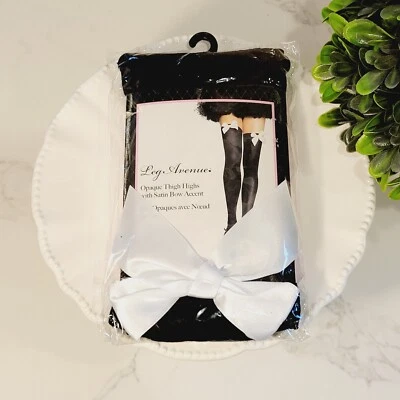 NEW LEG AVENUE Opaque Thigh Highs with Satin Bow Accent One Size 90-160lbs - Image 1 of 3