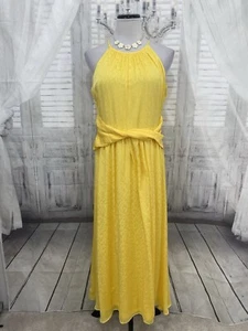 DKNY Size 12 Yellow Dress Floral Halter Twist Waist Wedding Midi A-Line New B48 - Picture 1 of 11